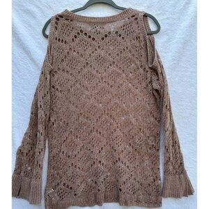 Knox Rose Women Brown Cold Shoulder Open Knit Large Long Sleeve Pullover Sweater